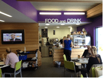 Inside Enterprise building cafe with ‘Food and Drink’ sign.